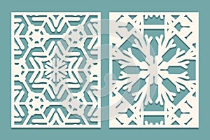 Die and laser cut ornamental panels with snowflakes pattern. Laser cutting decorative lace borders patterns. Set of Wedding Invita