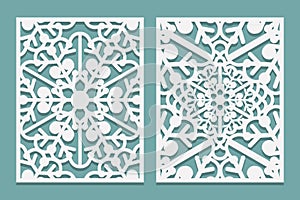 Die and laser cut ornamental panels with snowflakes pattern. Laser cutting decorative lacy borders patterns. Set of Wedding Invita