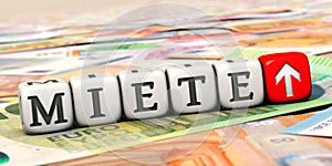 Dices with the German word `Miete` rent on many Euro banknotes