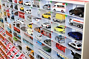 Diecast model cars are displayed foe sale