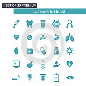 Diesease and Health icons set blue
