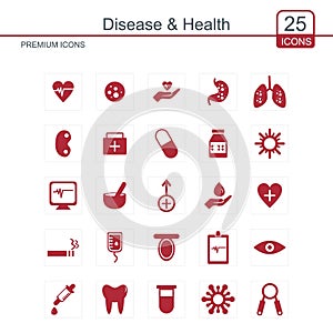 Diesease and Health icons set red