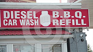diesel bbq car wash reflill horizontal rectangle red and white sign façade