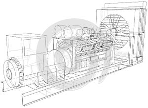 Diesel generator. The layers of visible and invisible lines are separated. EPS10 format. Wire-frame