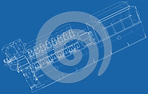 Diesel generator. The layers of visible and invisible lines are separated. Wire-frame outline