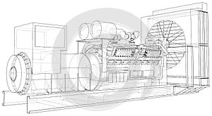 Diesel generator unit for factory. The layers of visible and invisible lines are separated. Wire-frame outline