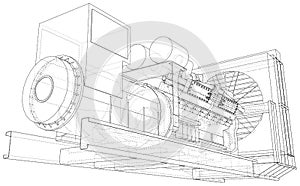 Diesel generator unit for factory. The layers of visible and invisible lines are separated. Wire-frame outline