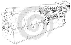 Diesel generator unit for factory. The layers of visible and invisible lines are separated. Wire-frame outline