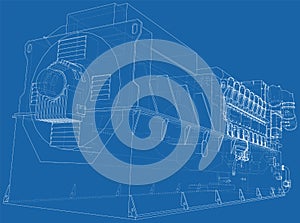 Diesel generator unit for factory. The layers of visible and invisible lines are separated. Wire-frame outline