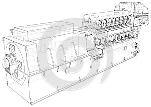 Diesel generator unit for factory. The layers of visible and invisible lines are separated. Wire-frame outline