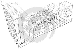 Diesel generator unit for factory. The layers of visible and invisible lines are separated. Wire-frame outline