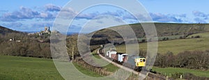 Diesel goods train on the Swanage Railway near Corfe Castle ,Dorset.England