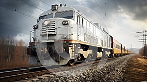 diesel locomotive drives forward on a train track pulling passenger cars.,AI, Generated, Generative