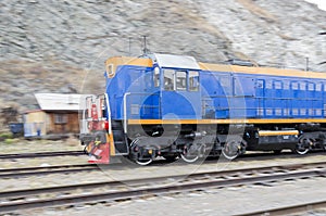 Diesel locomotive moving throufh the Circum-Baikal Railway