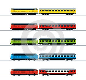 Diesel locomotive and passenger car. Vector images