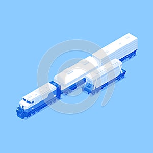 Diesel locomotive wagons baggage van, industrial, refrigerator, tanker cistern isometric vector