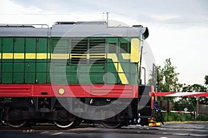 Diesel Locomotives train with railroad. Perspective view of Passenger train hauled by the diesel electric locomotive.