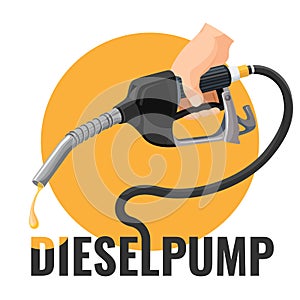 Diesel pump promotional logotype with fuel nozzle and yellow circle