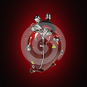 Diesel punk robot techno heart. engine with pipes, radiators and gloss red metal hood parts. isolated