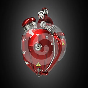 Diesel punk robot techno heart. engine with pipes, radiators and gloss red metal hood parts. isolated
