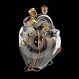 Diesel punk robot techno heart. engine with pipes, radiators and glossy dark bronze metal hood parts. isolated