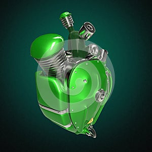 Diesel punk robot techno heart. engine with pipes, radiators and glossy green metal hood parts. isolated