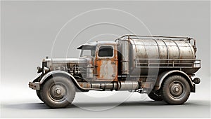 Diesel punk style weathered and rusted fuel tanker futuristic truck isolated on gray background