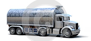 Diesel punk style weathered and rusted fuel tanker futuristic truck isolated on gray background