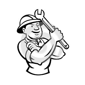 Diesel Service Technician Mechanic Holding Shifter Spanner Wrench Front Mascot Retro