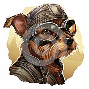 Dieselpunk Yorkshire Terrier Sticker: Cartoon Dog In Leather Jacket And Goggles