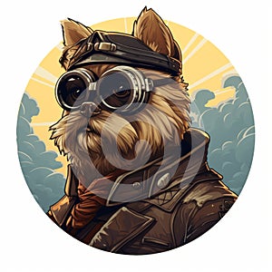 Dieselpunk Yorkshire Terrier Sticker: Cute Pilot Dog In Post-apocalyptic Style