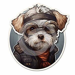 Dieselpunk Yorkshire Terrier Sticker: Edgy Caricature Of A White Dog In Goggles And Scarf