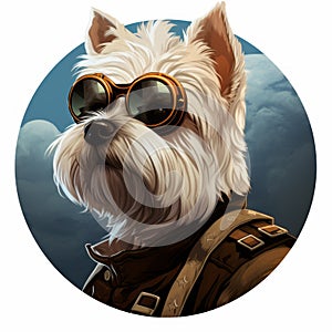 Dieselpunk Yorkshire Terrier Sticker: Fantasy Artwork Of A White Dog In Goggles