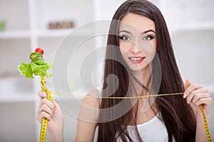 Diet. Beautiful Young Woman Eating Vegetable Salad