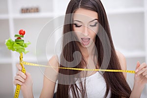 Diet. Beautiful Young Woman Eating Vegetable Salad