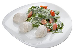 Diet chicken cutlets with salad and tomatoes. On white background