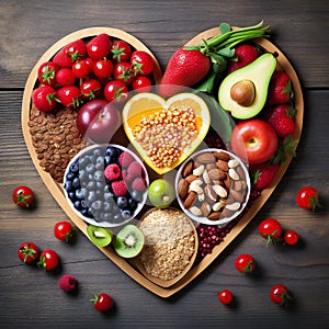 Diet choice heart health concept. heart one shaped of green vegetables fruit Heart disease and food medical health care