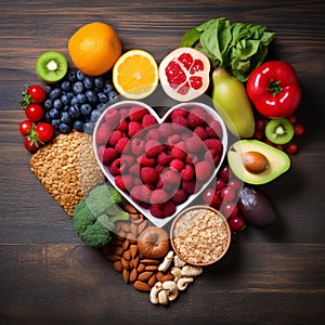 Diet choice heart health concept. heart one shaped of green vegetables fruit Heart disease and food medical health care