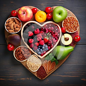 Diet choice heart health concept. heart one shaped of green vegetables fruit Heart disease and food medical health care