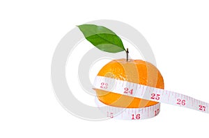 Diet concep, Orange fruit and measuring tape on isolated