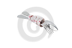 Diet concept, Steel spoon a fork and measuring tape isolated