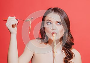 Diet. Concept of traditional cuisine. Italian pasta. Woman eats Spaghetti Bolognese. Carbonara sauce.