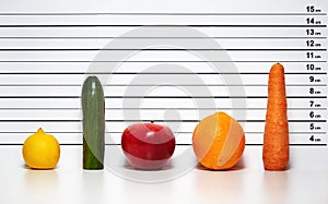 Diet detox vegetables and fruits aligned as suspects in eyewitness identification room