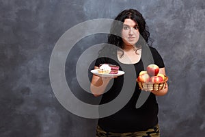 Diet, dieting concept, healthy food. Beautiful young overweight