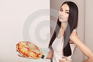 Diet And Fast Food Concept. Overweight Woman Standing On Weighing Scale Holding Pizza. Unhealthy Junk Food. Dieting, Lifestyle. We