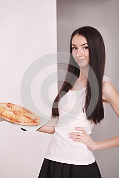 Diet And Fast Food Concept. Overweight Woman Standing On Weighing Scale Holding Pizza. Unhealthy Junk Food. Dieting, Lifestyle. W