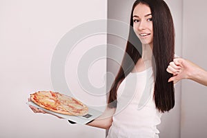 Diet And Fast Food Concept. Overweight Woman Standing On Weighing Scale Holding Pizza. Unhealthy Junk Food. Dieting, Lifestyle. W