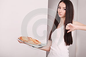 Diet And Fast Food Concept. Woman Holding Pizza. Unhealthy Junk