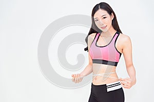 Diet fitness exercise sport body asian woman with measuring