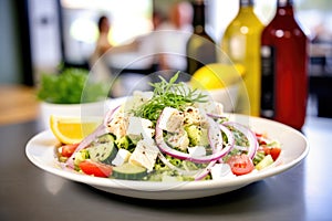 diet-friendly: greek salad with calorie count label in the corner